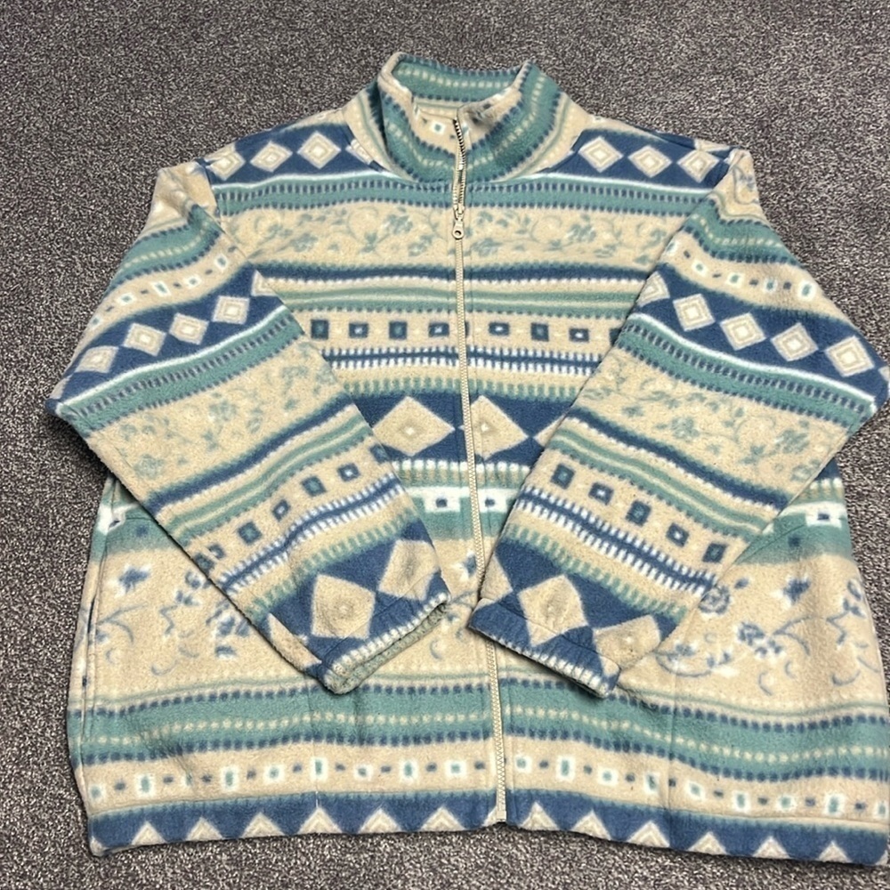 Alfred Dunner Green Fleece Jacket Abstract Fair Isle Polar Womens Petite 1X